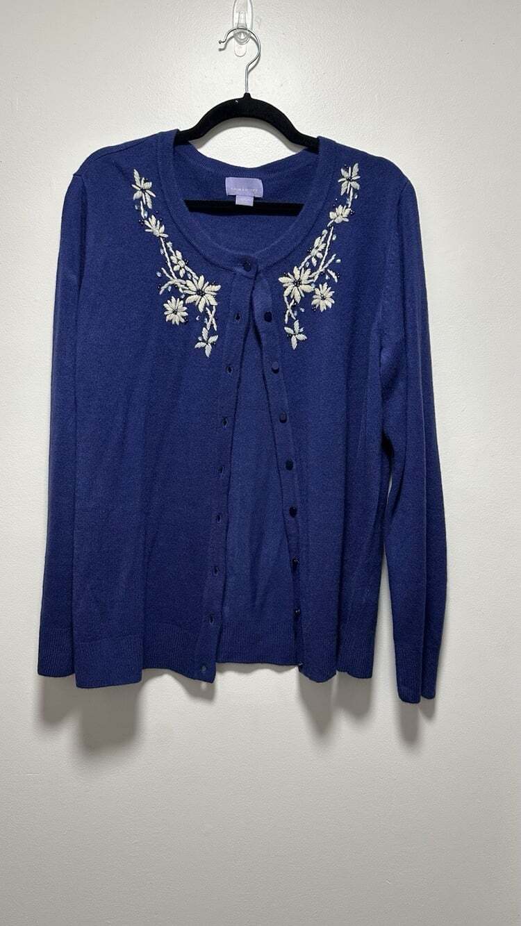 Laura Scott Womens Blue Floral Detail Cardigan Sweater Cozy Grandma Core Size XL